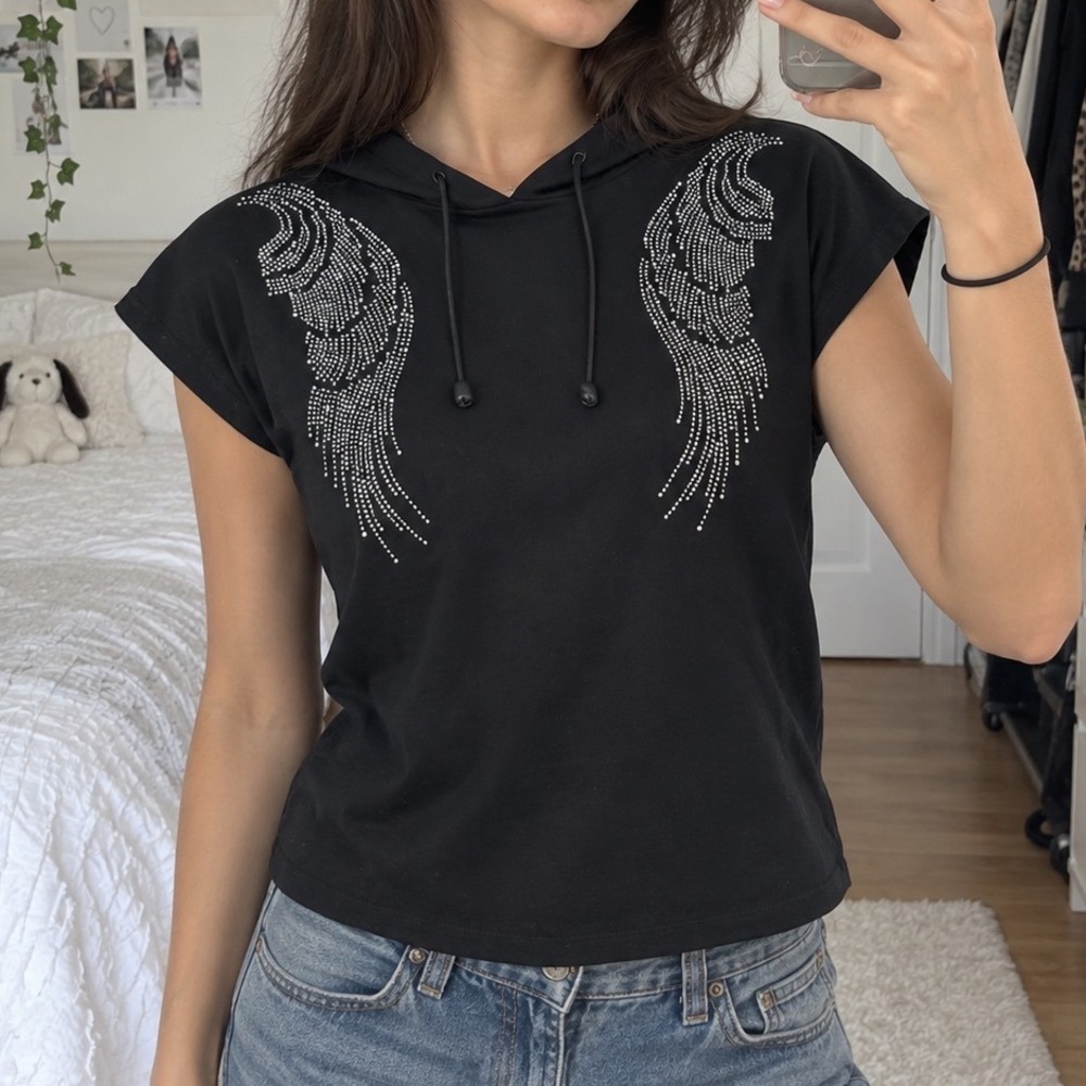 Y2k Black Rhinestone Angel Wing Short Sleeve Hoodie emo Grunge whimsy